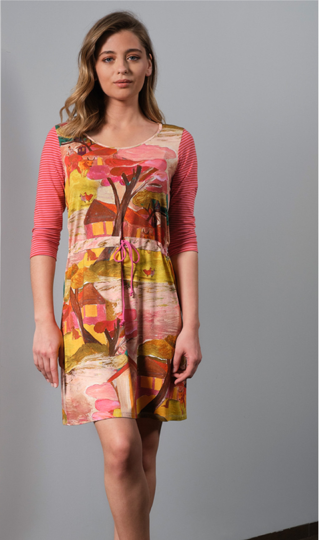 Paul Brial: Pink Forest Canvas Pull Tie High Waist Midi Dress PB_CEZANNE