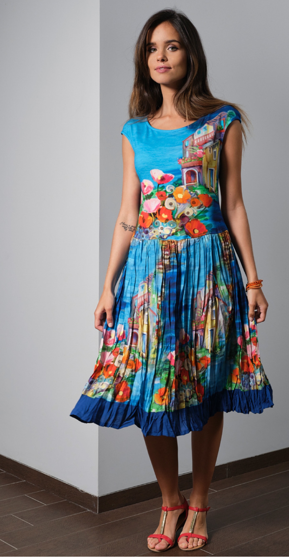 Paul Brial: Colors Of Capri Abstract Art Crinkled Midi Sundress PB_ATHENE