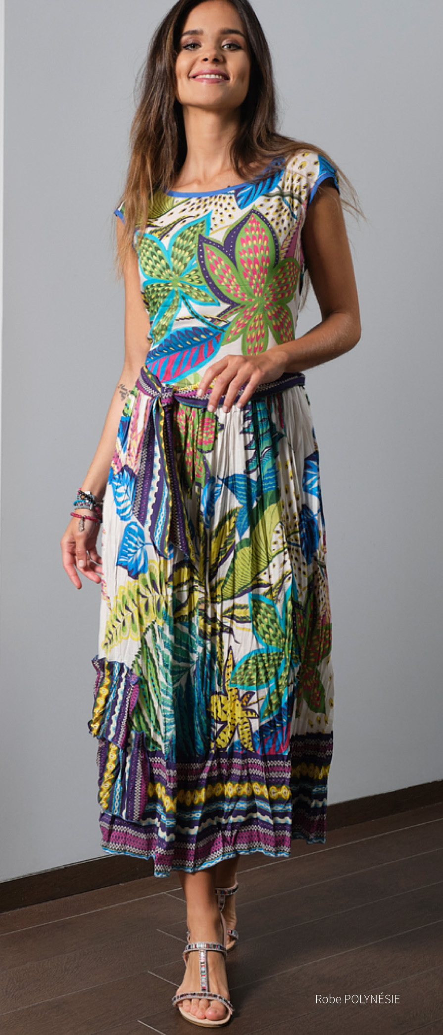Paul Brial: French Polynesian Flower Crinkled Hem Maxi Dress PB_POLYNESIE