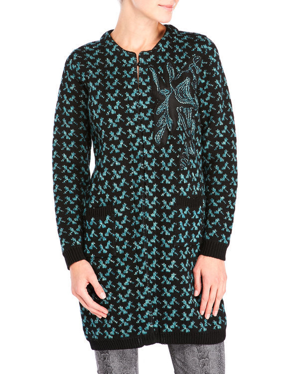 Save The Queen Italy: Embroidered Wool Blue Carnations Sweater Coat