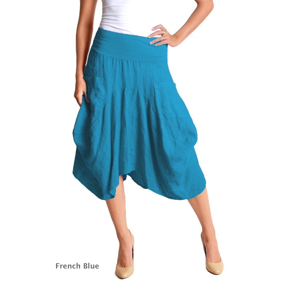 Luna Luz: Swivel Hemline Linen Midi Pocket Skirt (Ships Immed, Few Left!)