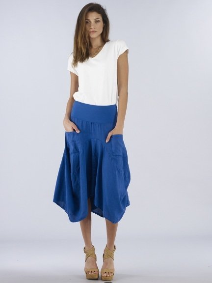 Luna Luz: Swivel Hemline Linen Midi Pocket Skirt (Ships Immed, Few Left!)