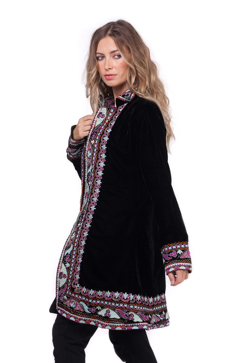 Savage Culture: Purple Pink Lotus Embroidered Long Coat Rhania