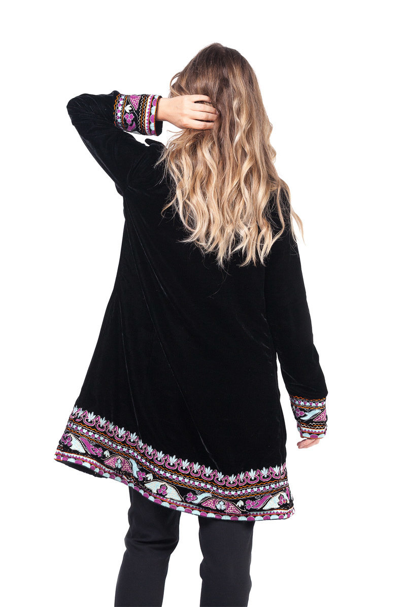 Savage Culture: Purple Pink Lotus Embroidered Long Coat Rhania