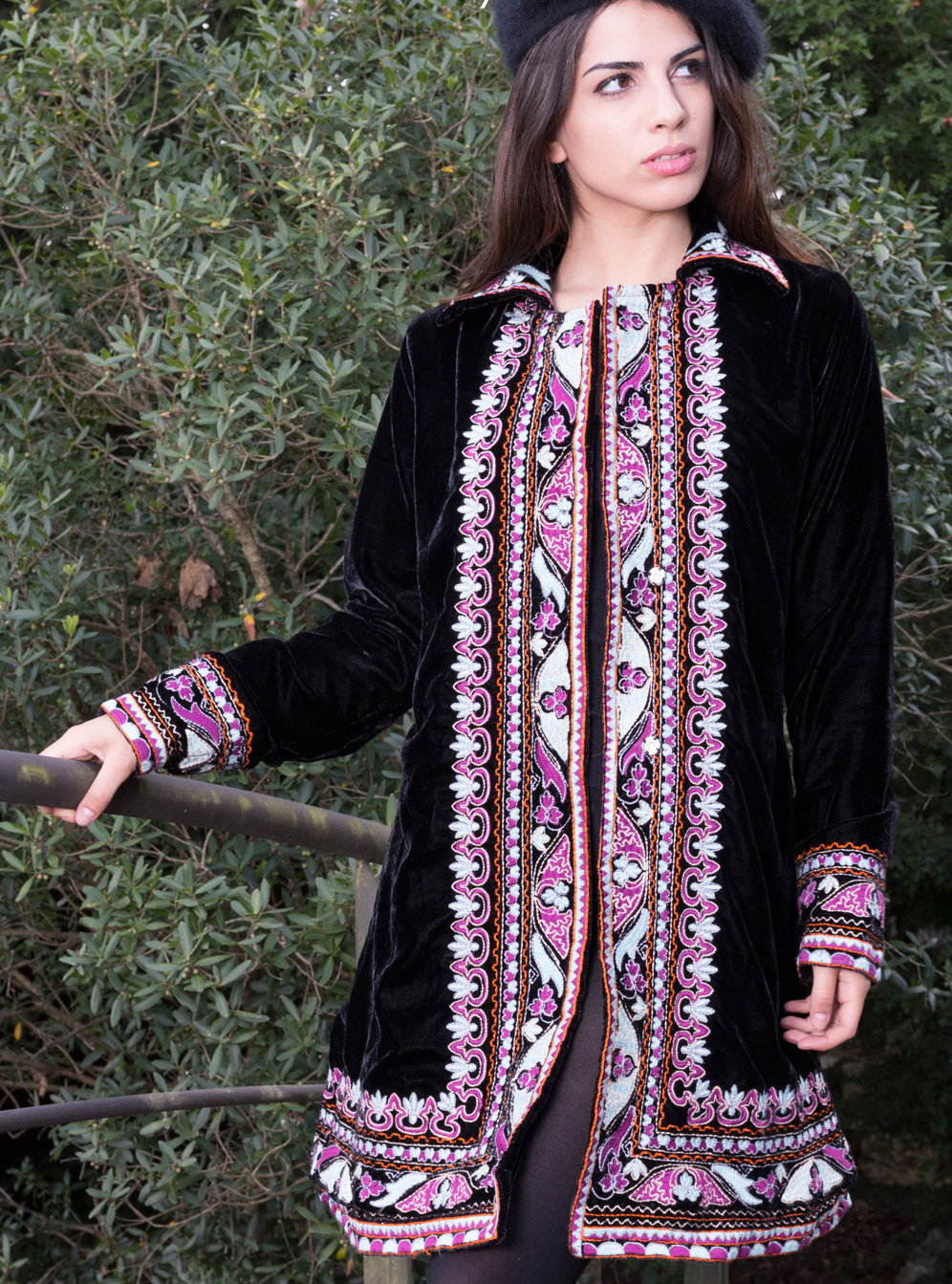 Savage Culture: Purple Pink Lotus Embroidered Long Coat Rhania
