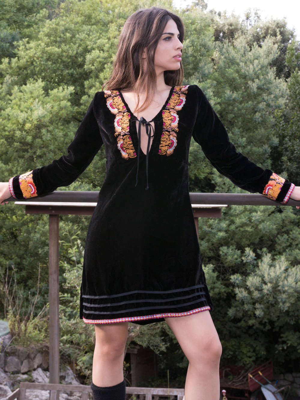 Savage Culture: Pink Pumpkin Embroidered Black Velvet Boho Dress Sandra SAVAGE_33341_N