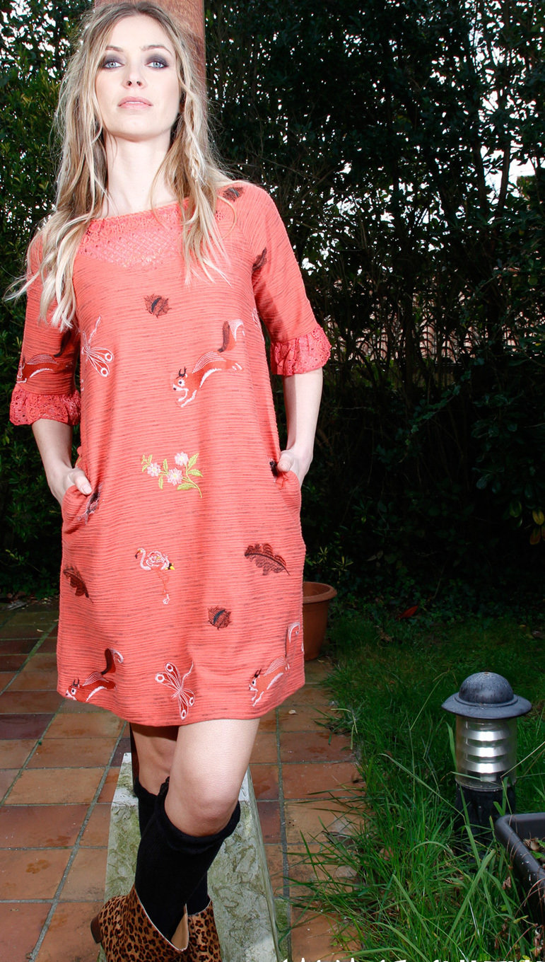 Savage Culture: Pink Orange Dragon Fly Fit & Flare Dress Cecile SAVAGE_33060