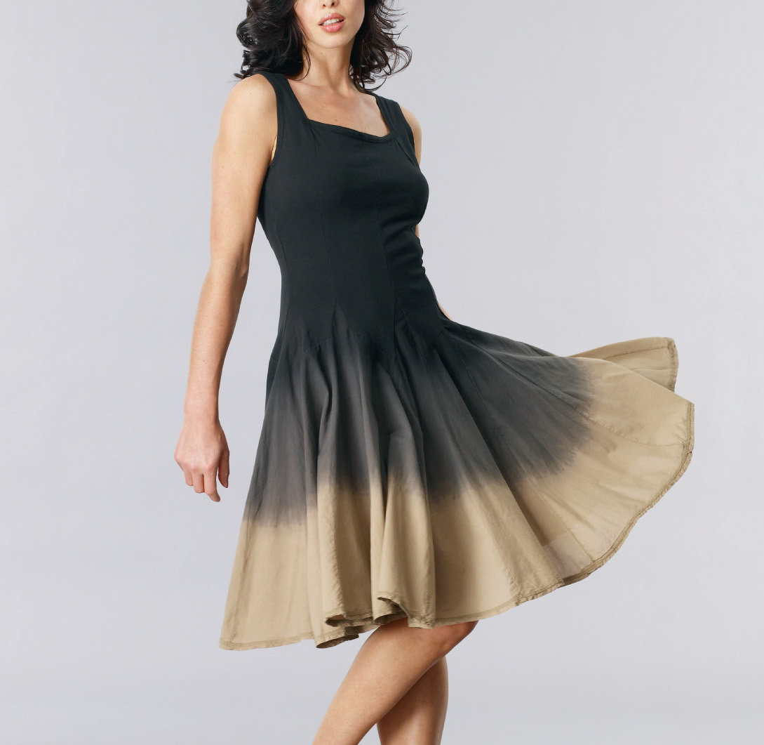 Luna Luz: Godet Dyed Black/White Ombre Square Neck Dress (Ships Immed, 2 Left in Black/White!) LL_5533O_BW_N1
