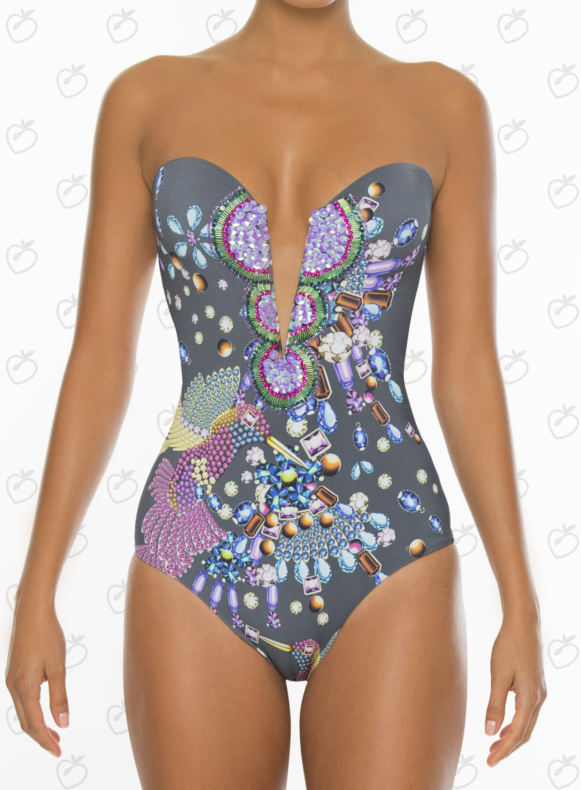 Paradizia Swimwear: Bejeweled Hummingbird Plunge One-Piece Swimsuit