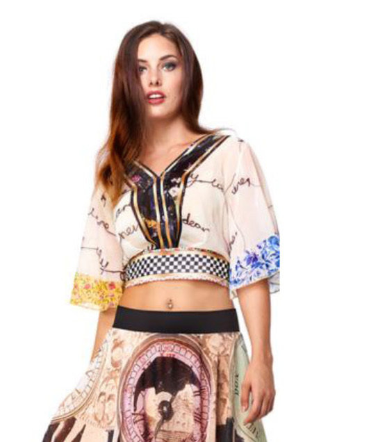 IPNG: Blooming Patchwork Inscripted Illusion Kimono Chiffon Crop Top (Some Ship Immed!)