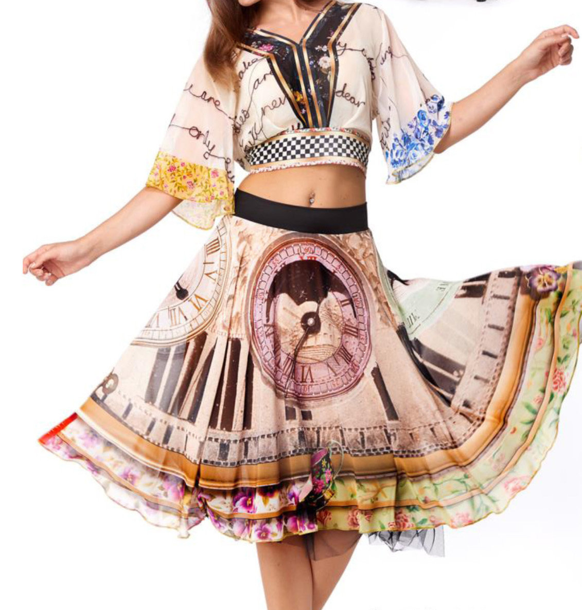 IPNG: Blooming Patchwork Inscripted Illusion Kimono Chiffon Crop Top (Some Ship Immed!)