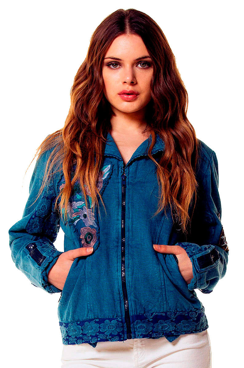 Savage Culture: Soft Denim Roses Zip Up Bomber Jacket Capri SAVAGE_34033