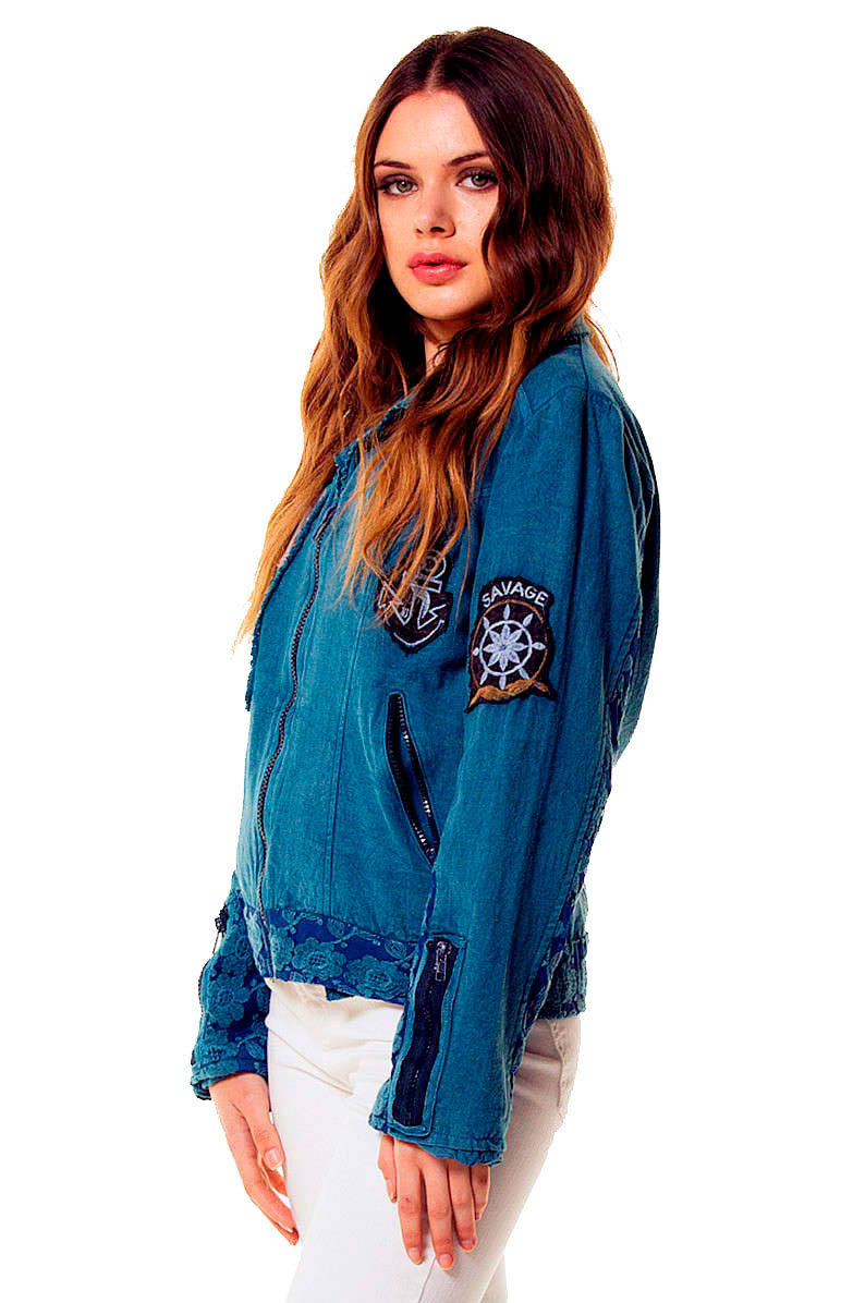 Savage Culture: Soft Denim Roses Zip Up Bomber Jacket Capri