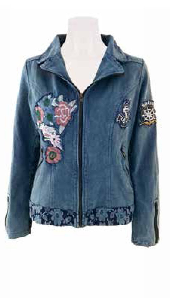 Savage Culture: Soft Denim Roses Zip Up Bomber Jacket Capri