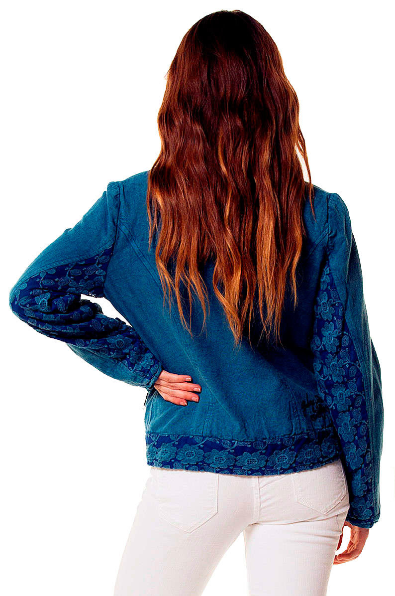 Savage Culture: Soft Denim Roses Zip Up Bomber Jacket Capri