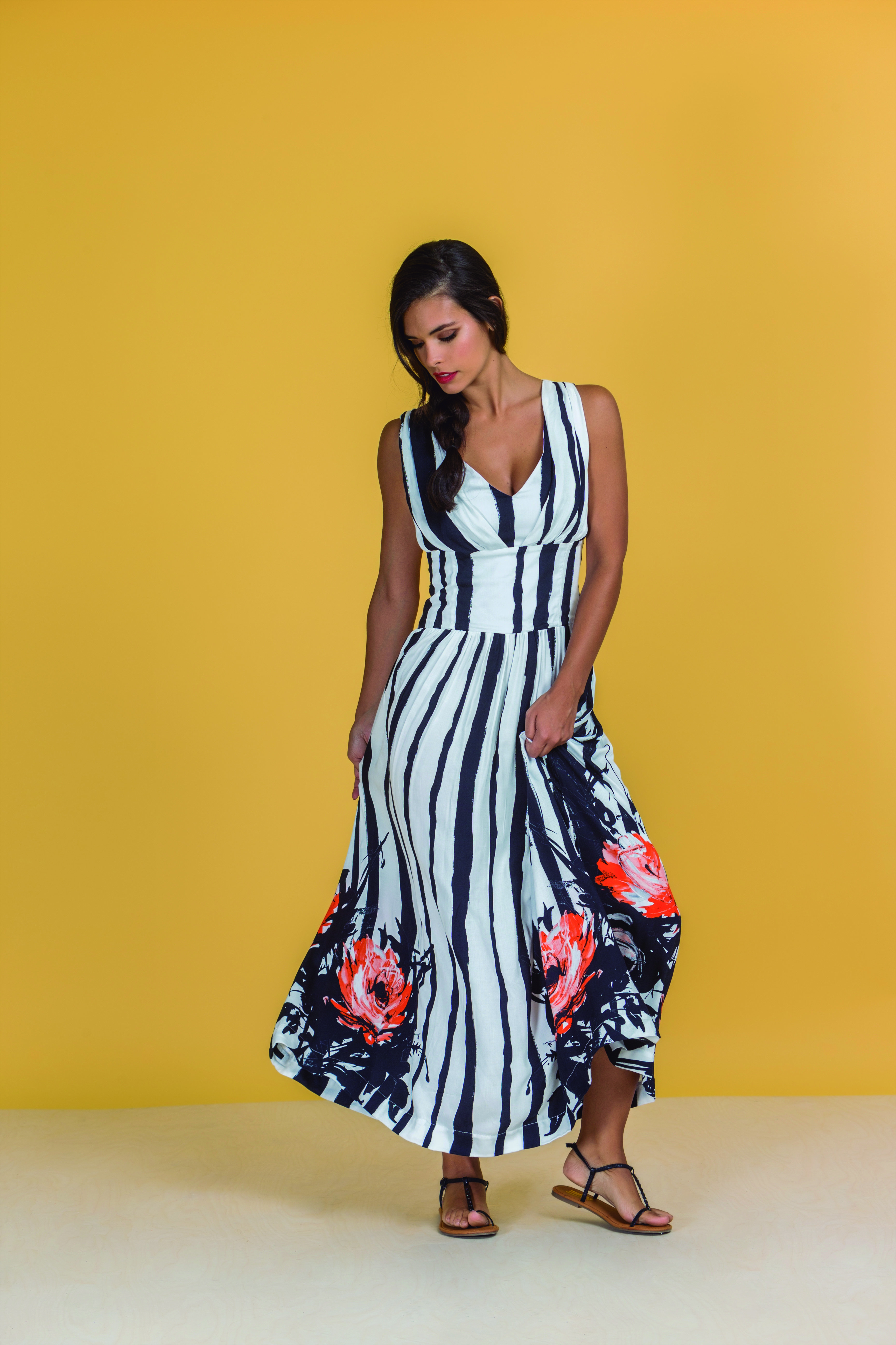 Paul Brial: Wild Orange Rose Hem Plunge Neck Flare Tuxedo Gown PB_VARIANCE
