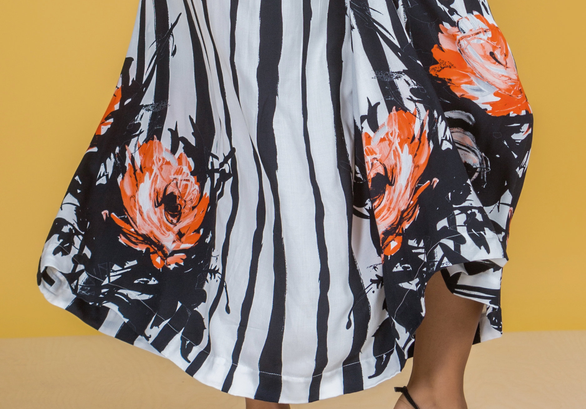 Paul Brial: Wild Orange Rose Hem Plunge Neck Flare Tuxedo Gown