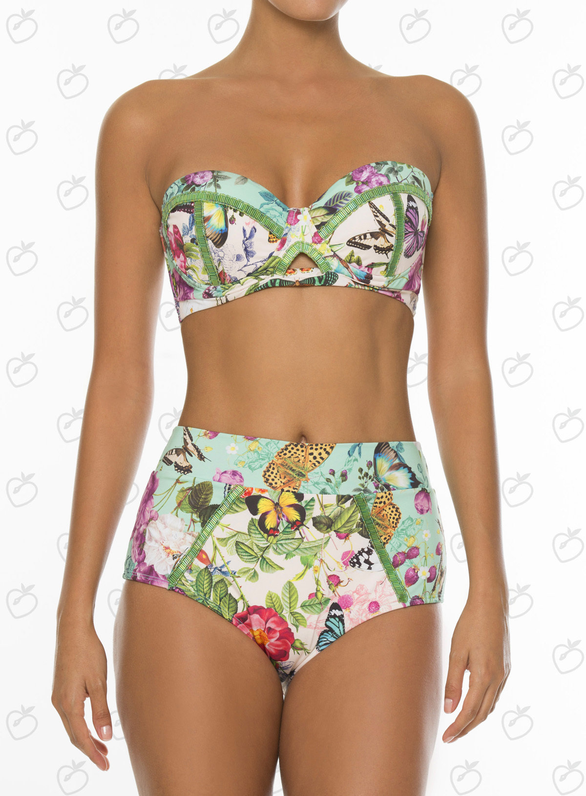 Paradizia Swimwear: Pink Butterflies Bustier (Shown with Matching High Waisted Bikini Bottoms!)