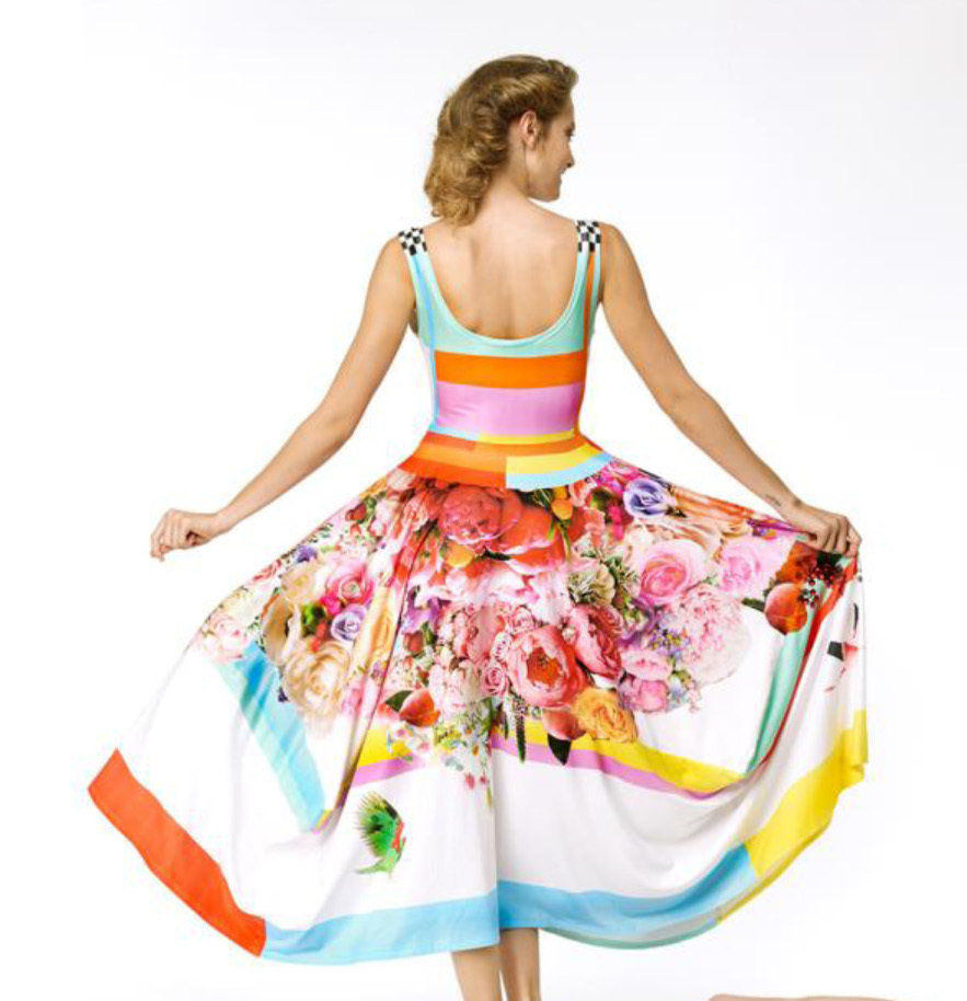 IPNG: Basket of Roses Illusion Bodice Fit & Flare Asymmetrical Long Dress SOLD OUT