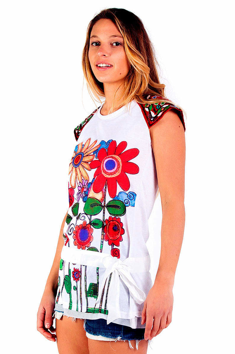 Savage Culture: Red Sunflower Bodice Tied Waist Tunic