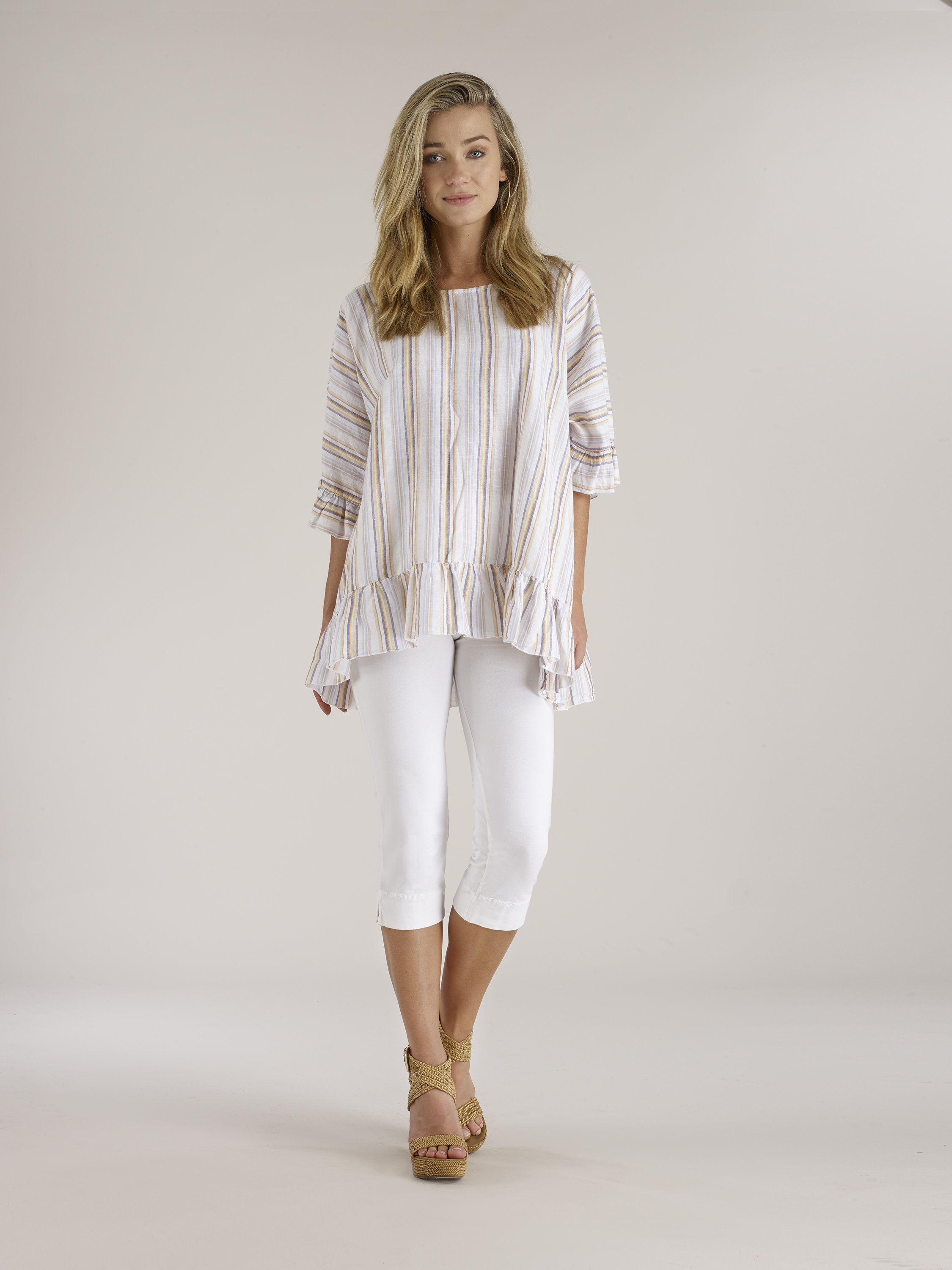 Luna Luz: Stripe High Low Ruffled Linen Tunic (More Colors, Ships Immed!)