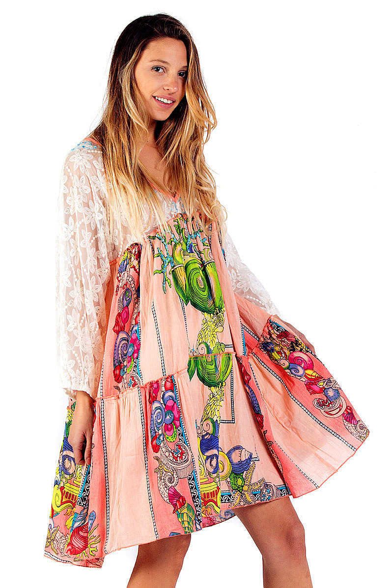 Savage Culture: Pink Coral Flower Lace Babydoll Flared Sundress/ Beach Dress