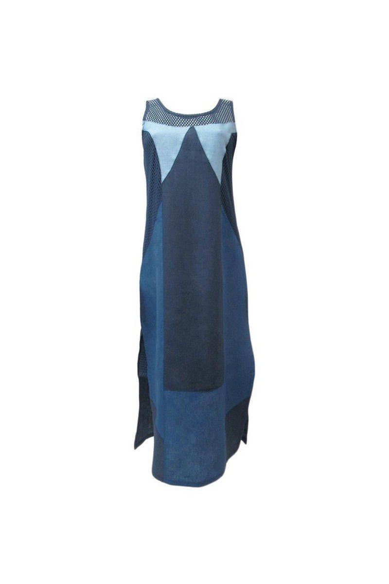 Maloka: Blue Colorblock Linen Denim Maxi Shift Dress