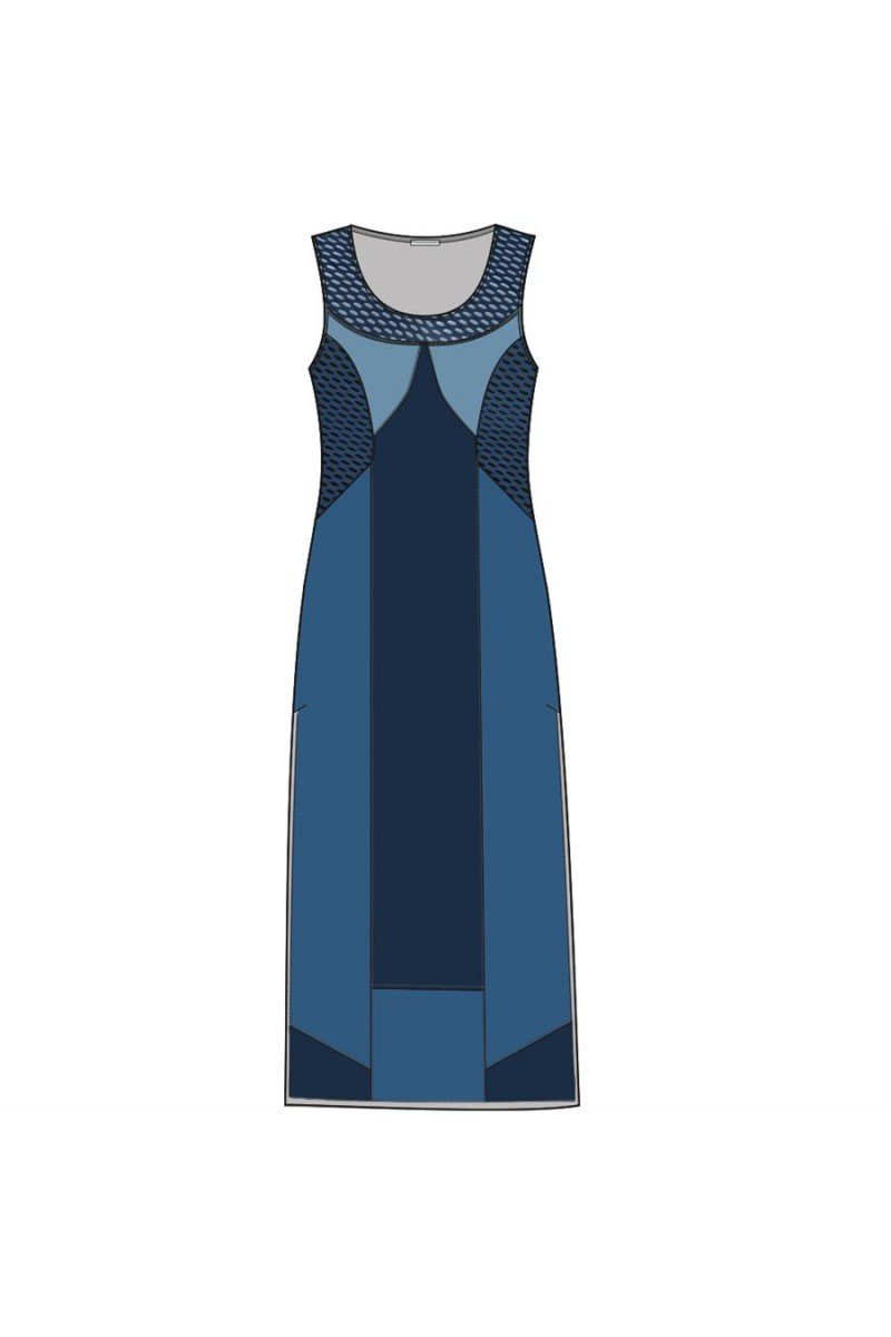 Maloka: Blue Colorblock Linen Denim Maxi Shift Dress