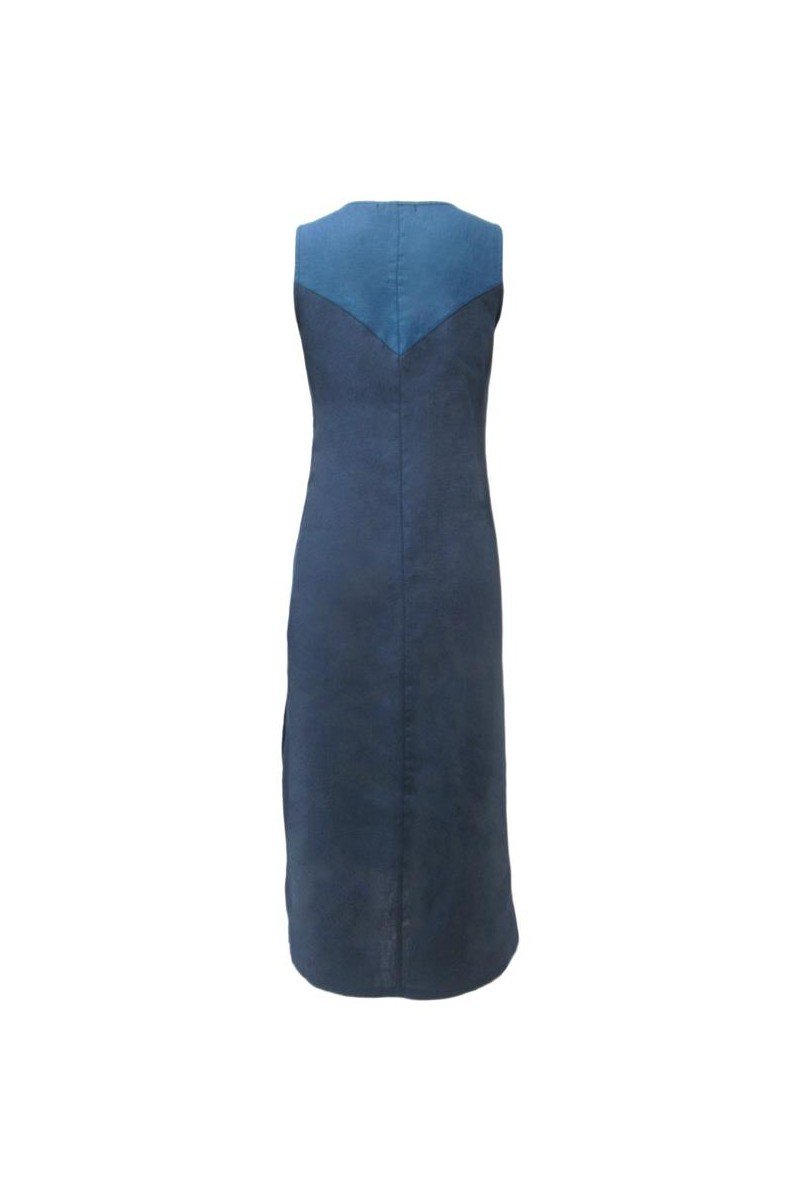 Maloka: Blue Colorblock Linen Denim Maxi Shift Dress