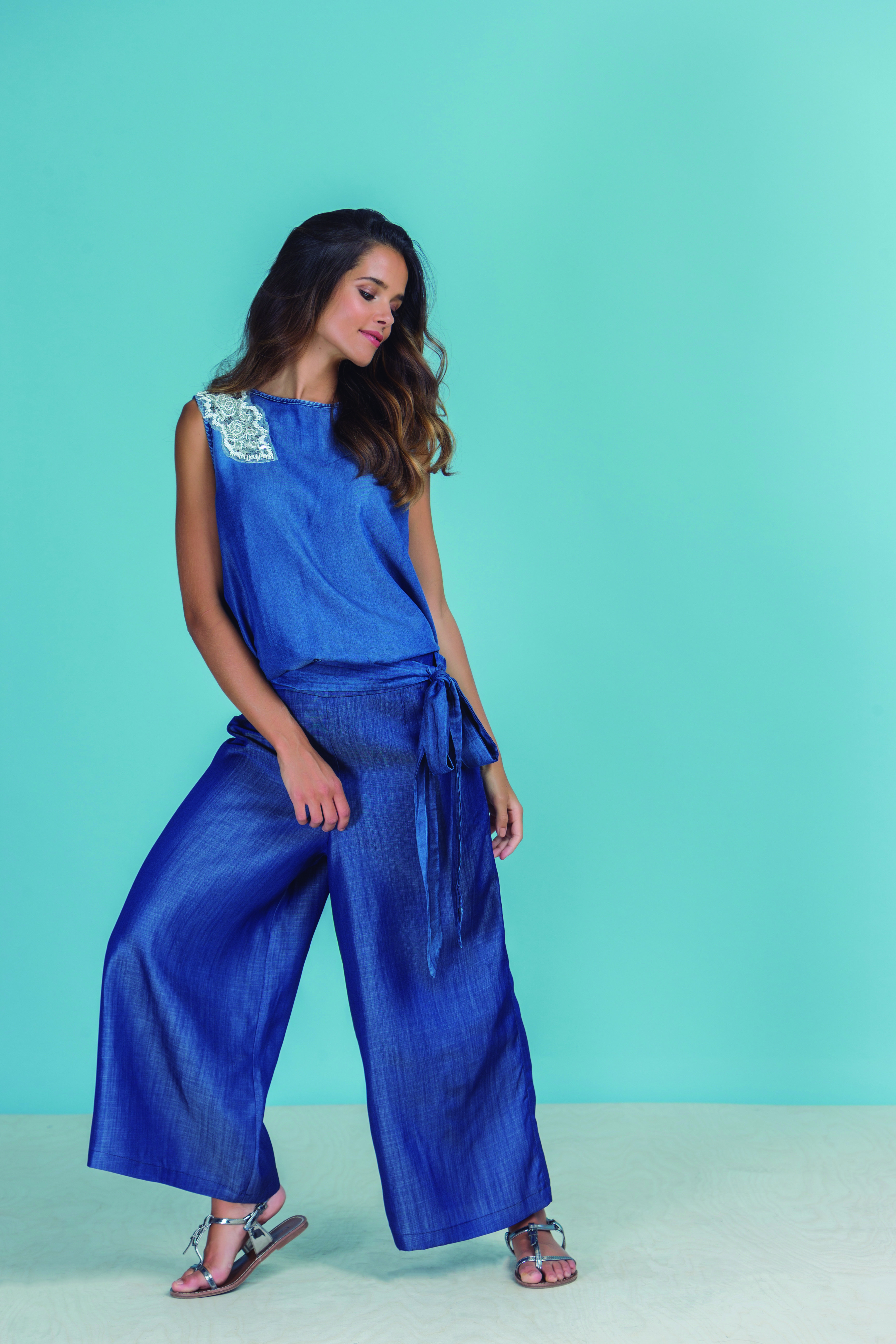Paul Brial: Petal Patchwork Tied Waist Linen Denim Top
