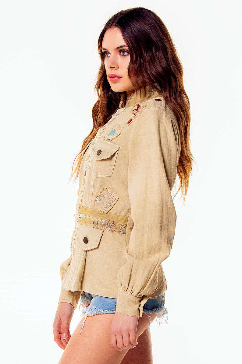 Savage Culture: Soft Denim Creme Patchwork Zip Up Jacket Toscana