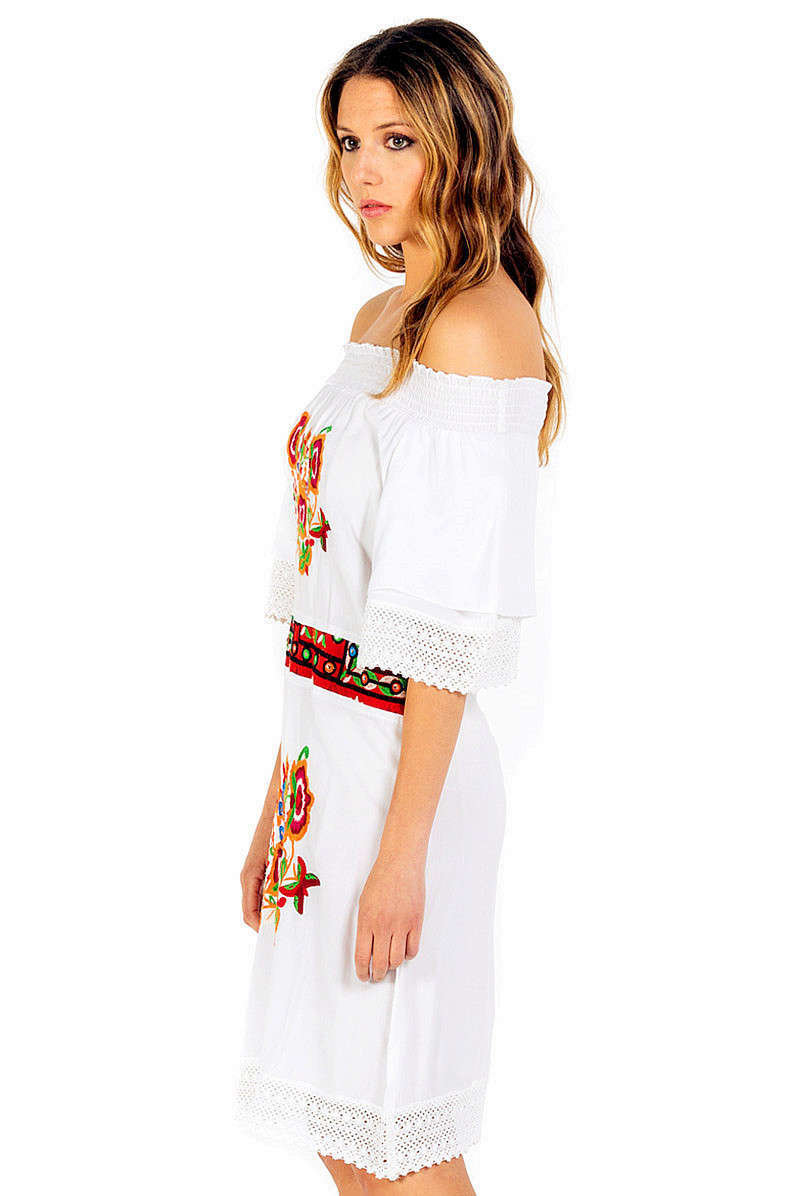 Savage Culture: Red Butterfly Off Shoulder Arabesque Midi Dress Napoles