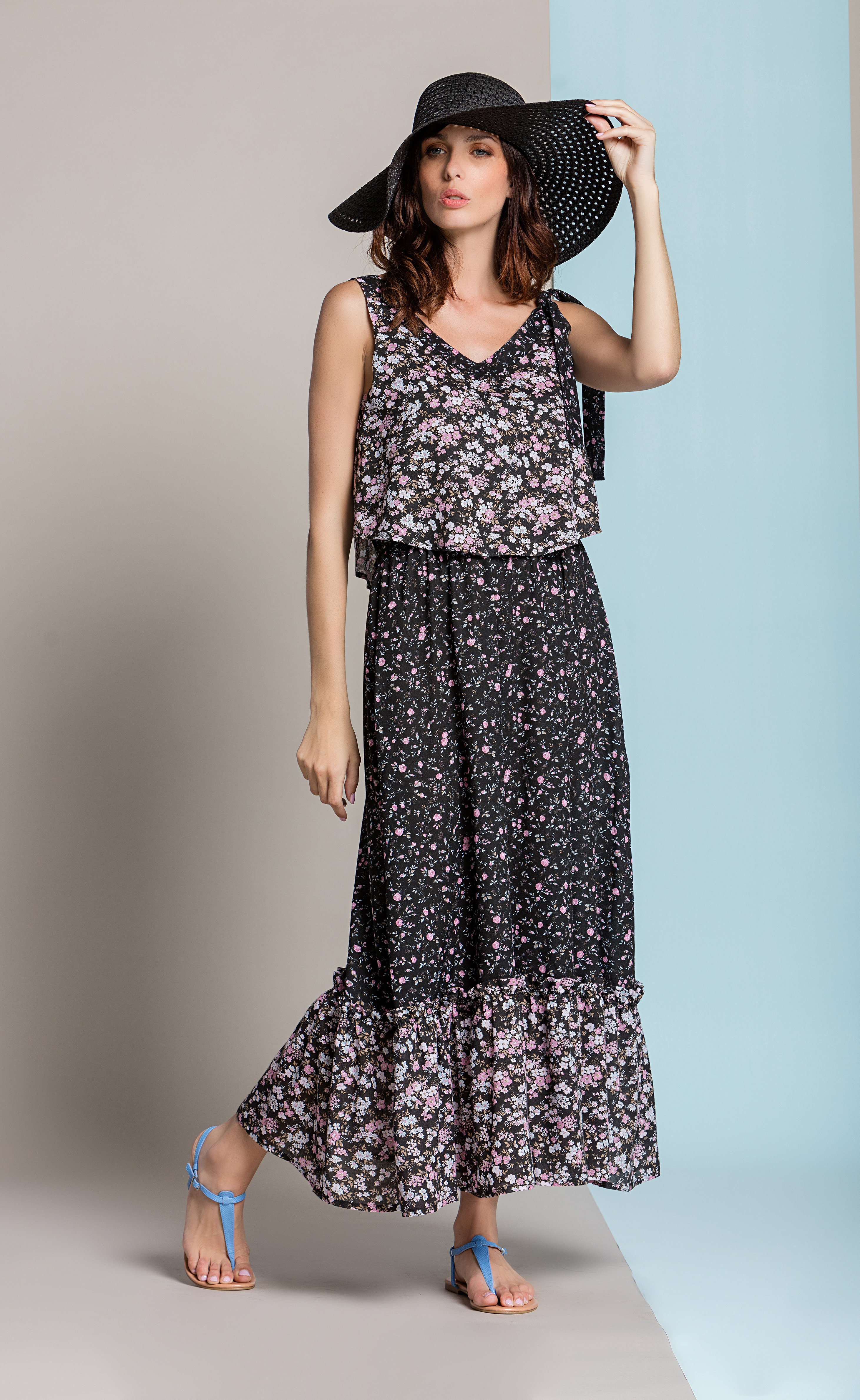 Paul Brial: Frill Draped Bodice Blush Flower Maxi Dress (3 Left!) PB_AMARYLLIS_BLUSH_N2