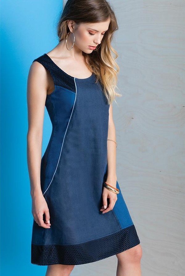 Maloka: Princess Seamed Linen Denim Midi Shift Dress MK_RENEE