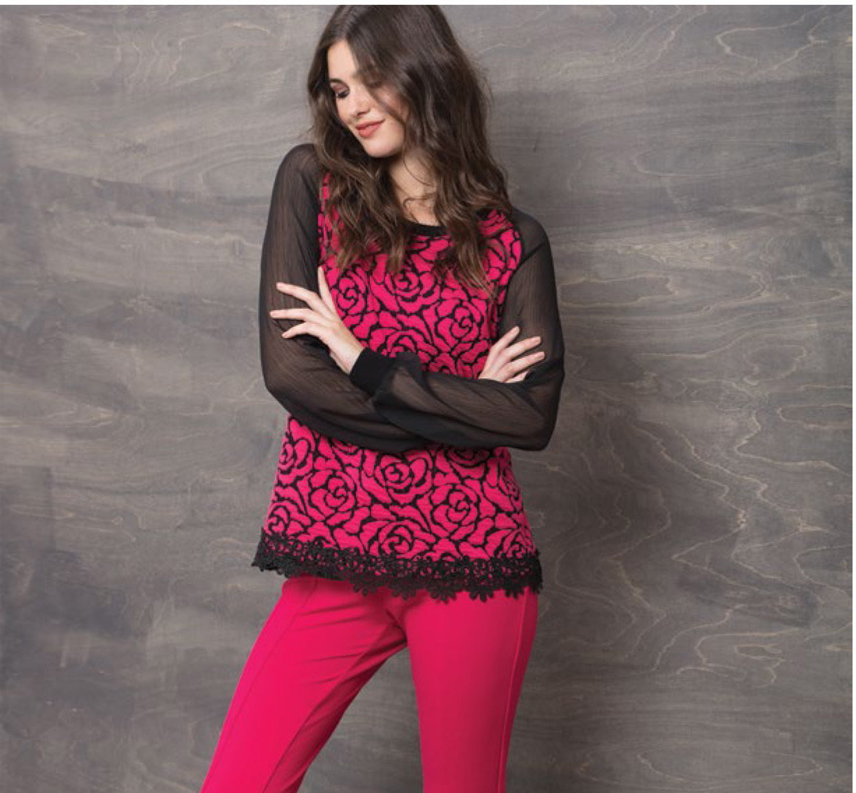 Maloka: Fuschia Rose Imprinted Asymmetrical Hem Sweater (2 Left!) MK_MARIE_N2