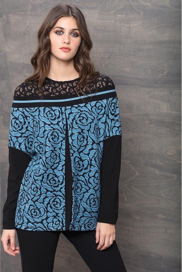 Maloka: Blue Rose Imprinted Mixed Media Tunic Sweater MK_TYLER