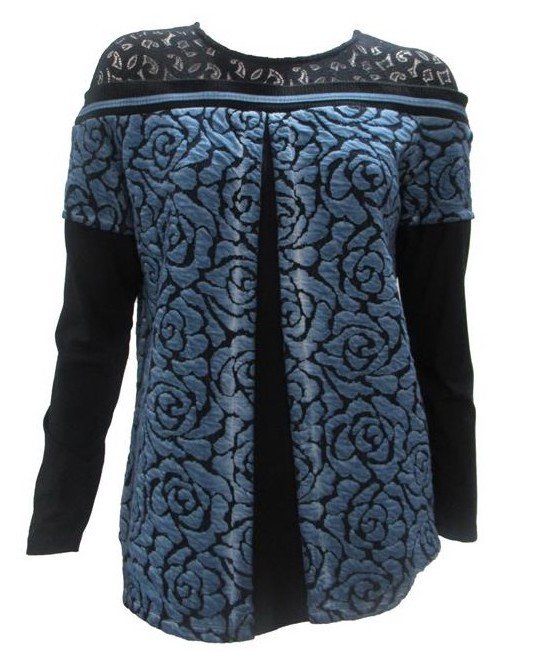 Maloka: Blue Rose Imprinted Mixed Media Tunic Sweater