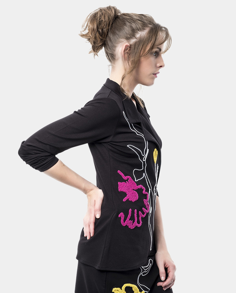 Mamatayoe: Pink Flower Embroidered Side Bow Tied Jacket