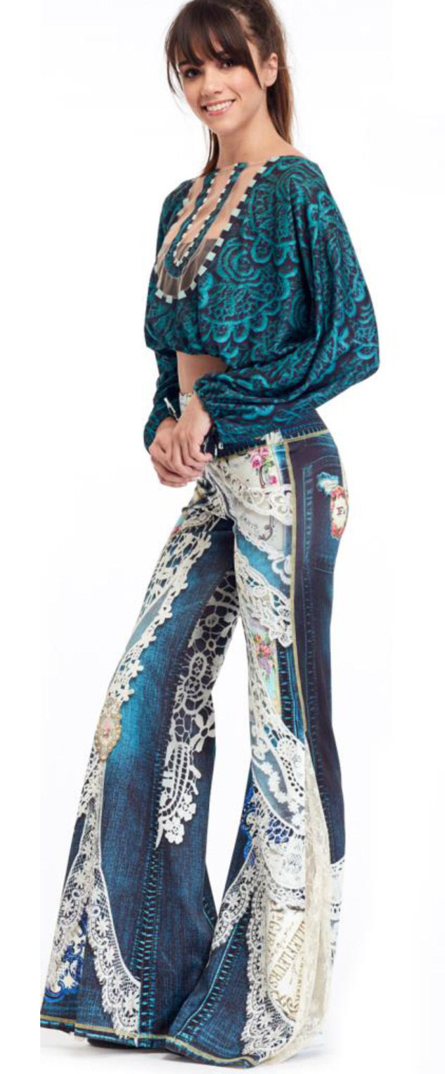 IPNG: Indigo Jewels Ribboned Lace Illusion Flare Pant