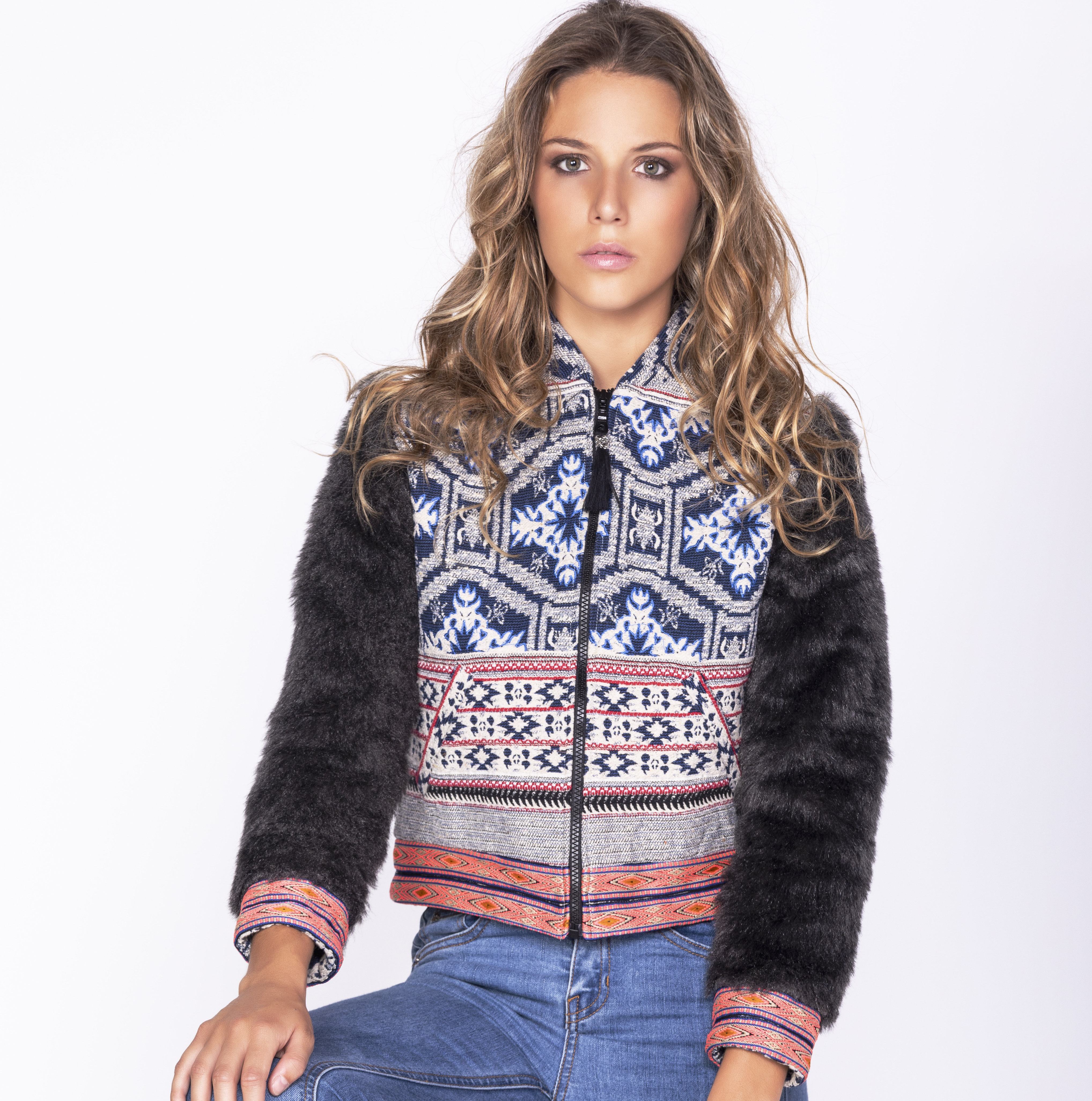 Savage Culture: Embroidered Faux Fur Moto Zip Jacket Ganges SAVAGE_35505