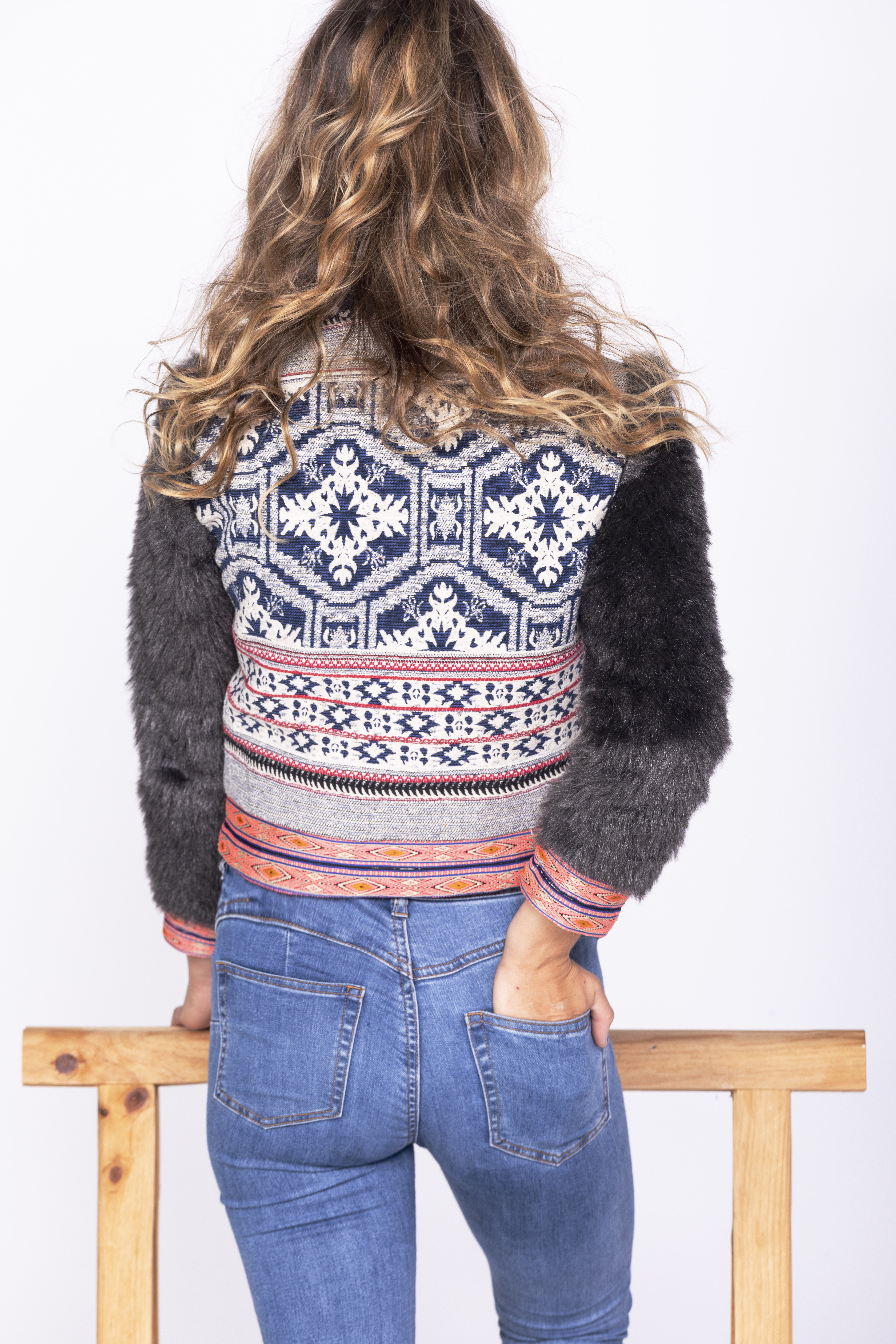 Savage Culture: Embroidered Faux Fur Moto Zip Jacket Ganges