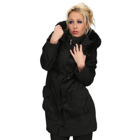 S'Quise Paris: Black on Black Rose Embroidered Faux Fur hooded Wool Coat SQ_1592
