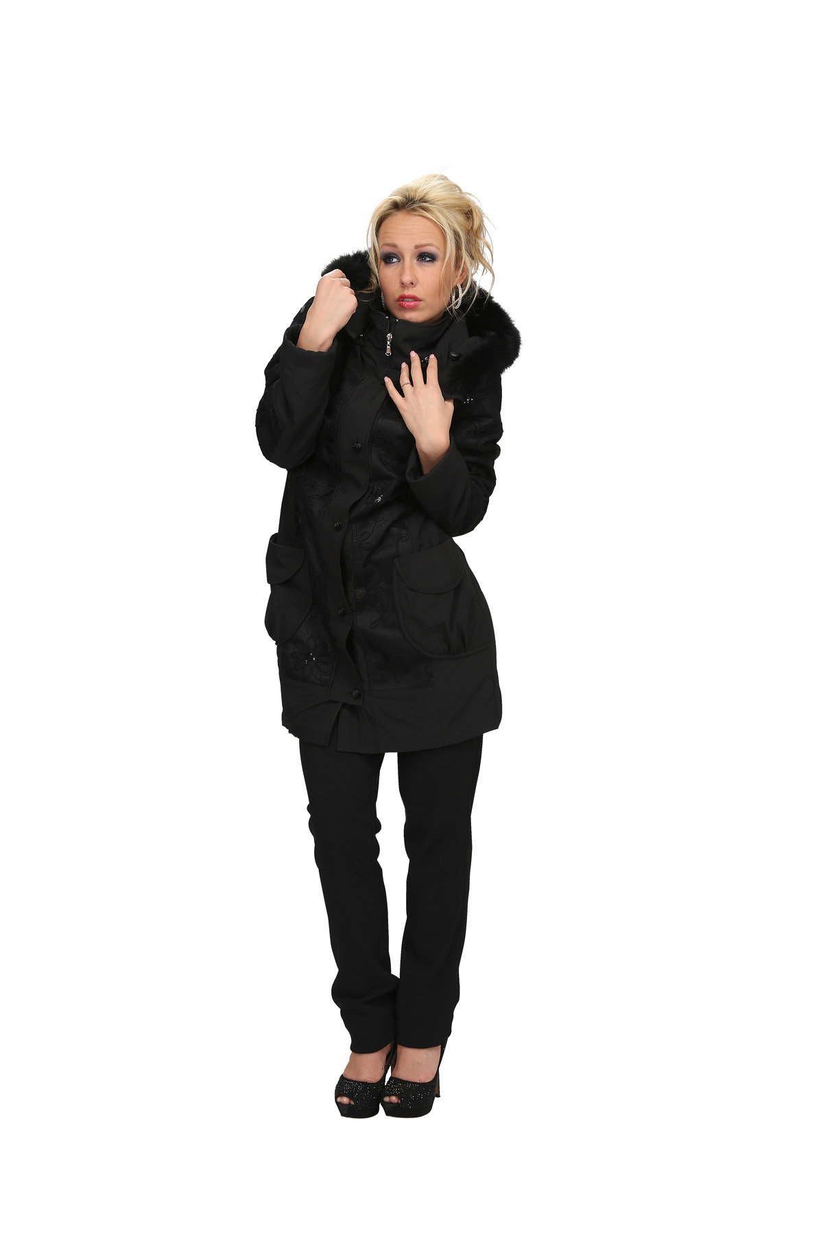 S'Quise Paris: Black on Black Rose Embroidered Faux Fur hooded Wool Coat