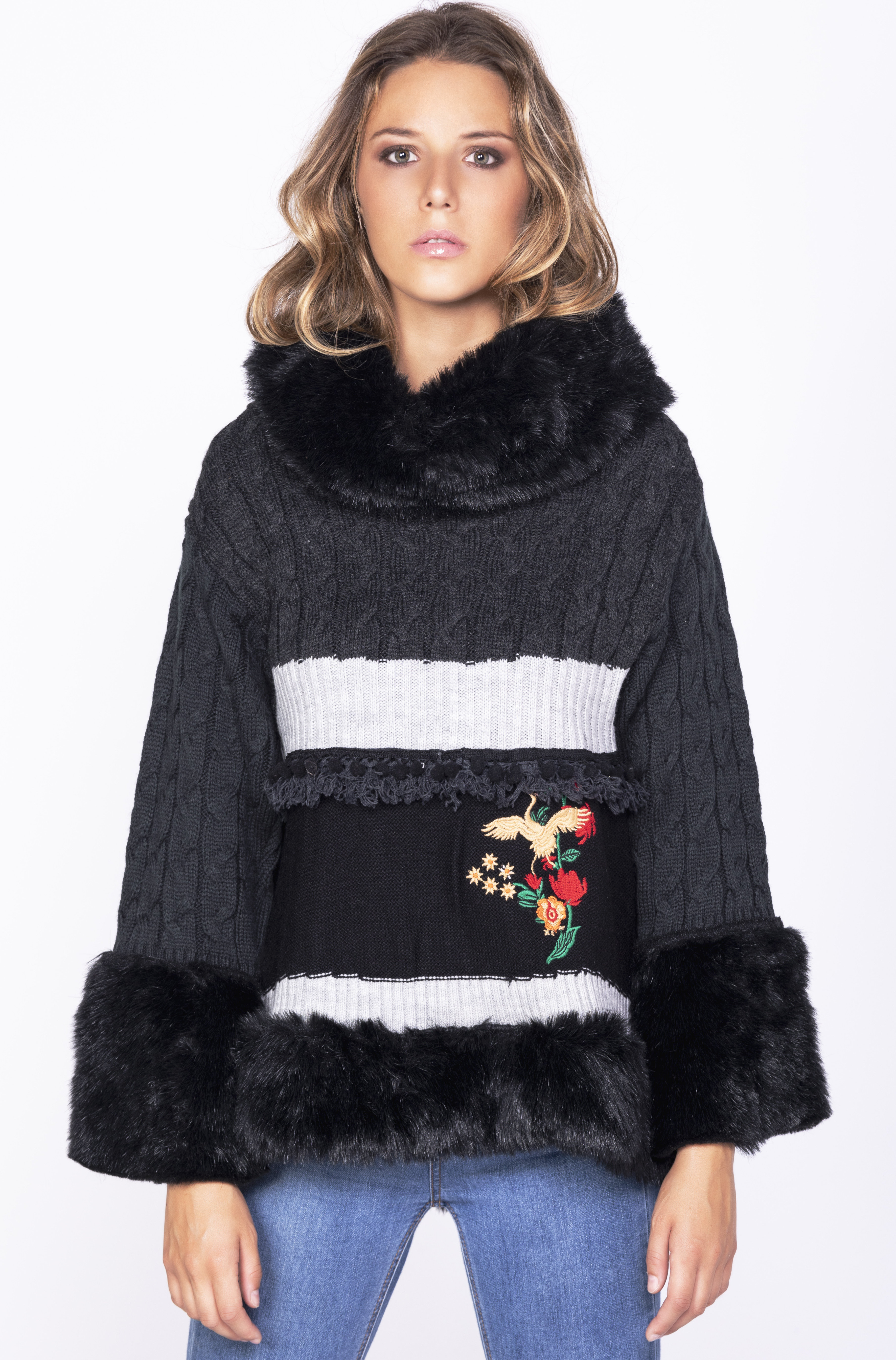 Savage Culture: Little Red Rose Embroidered Faux Fur Sweater Rostov SAVAGE_35050
