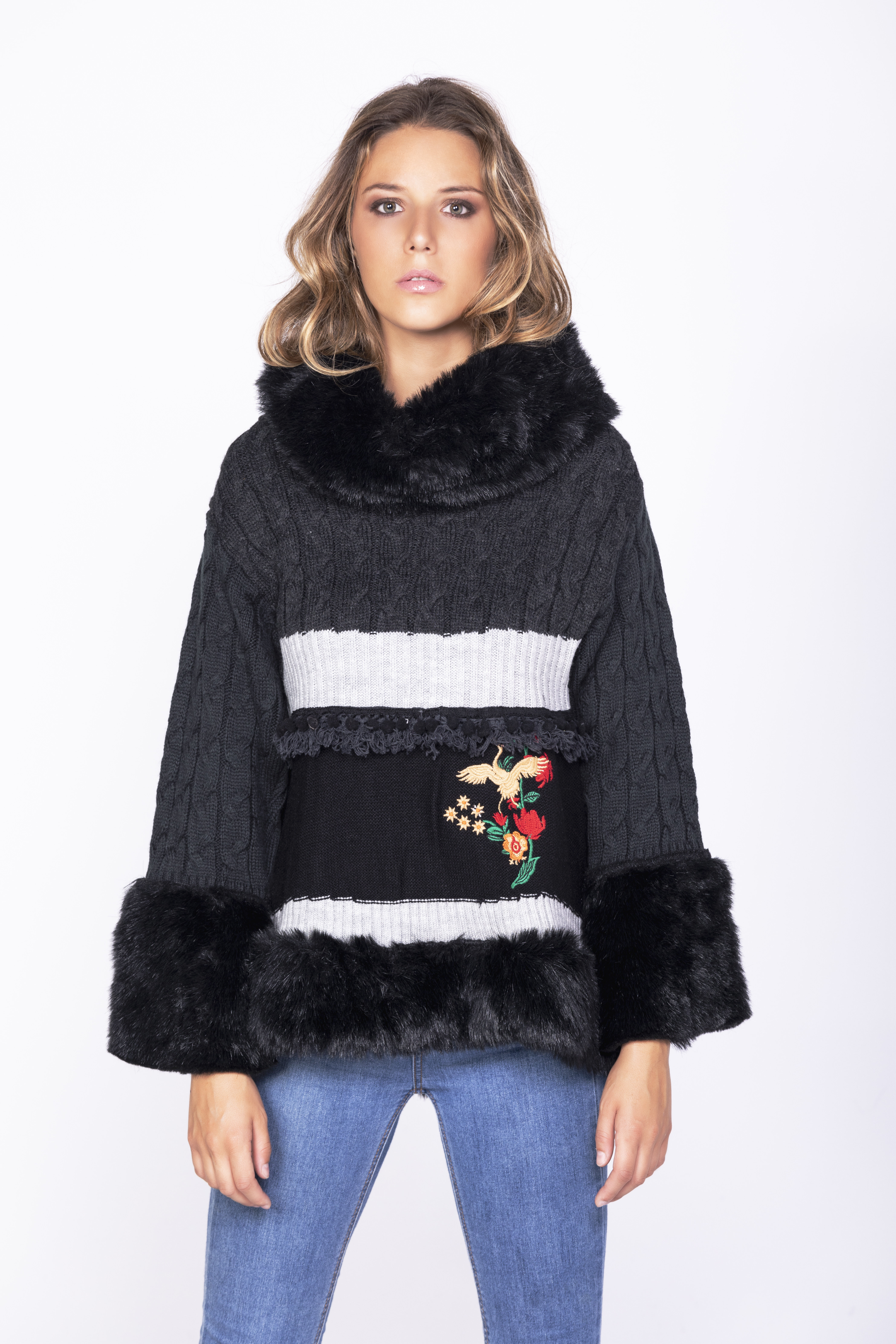 Savage Culture: Little Red Rose Embroidered Faux Fur Sweater Rostov