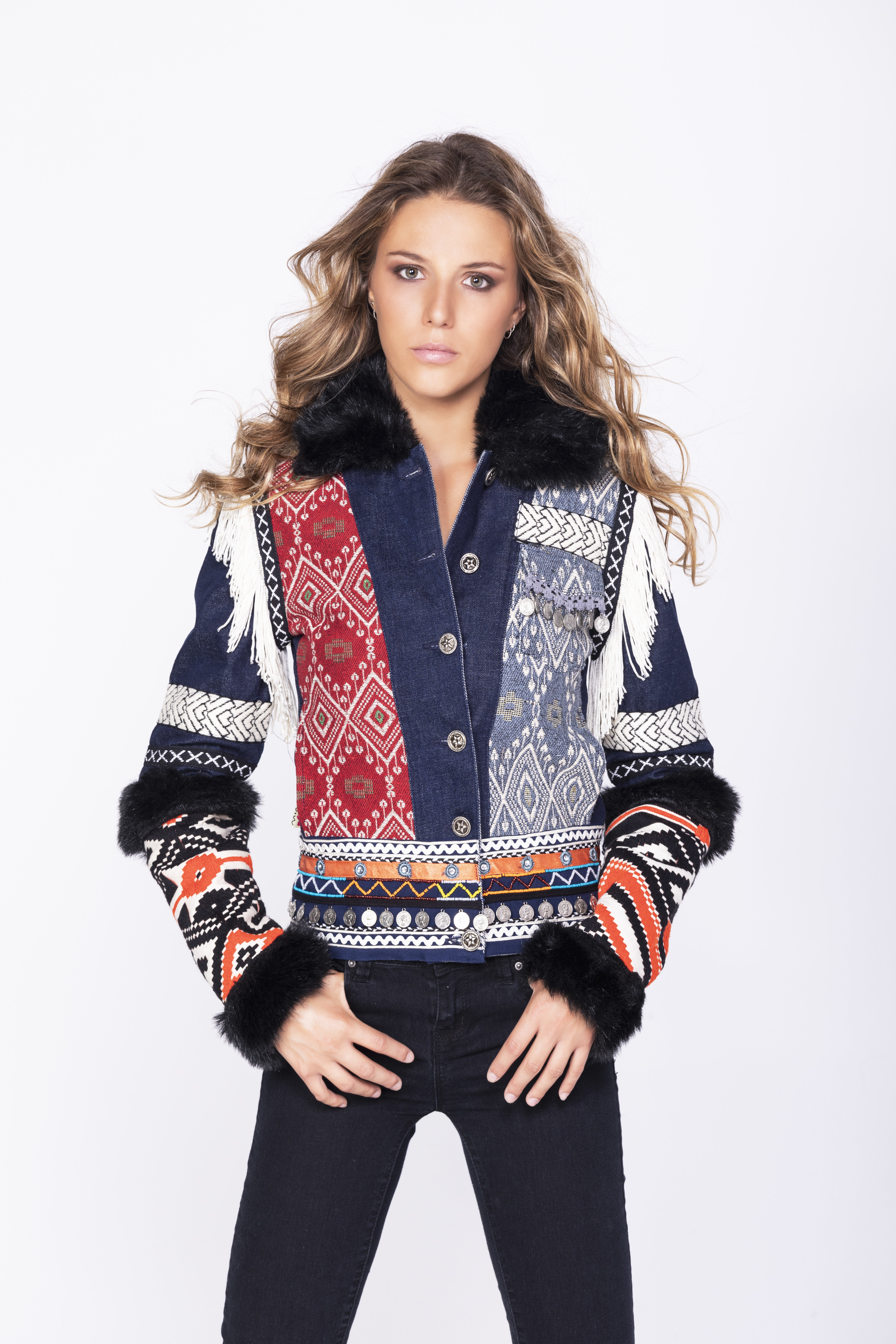 Savage Culture: Embroidered Faux Fur Denim Rhinestone Jacket Chenab SAVAGE_35590