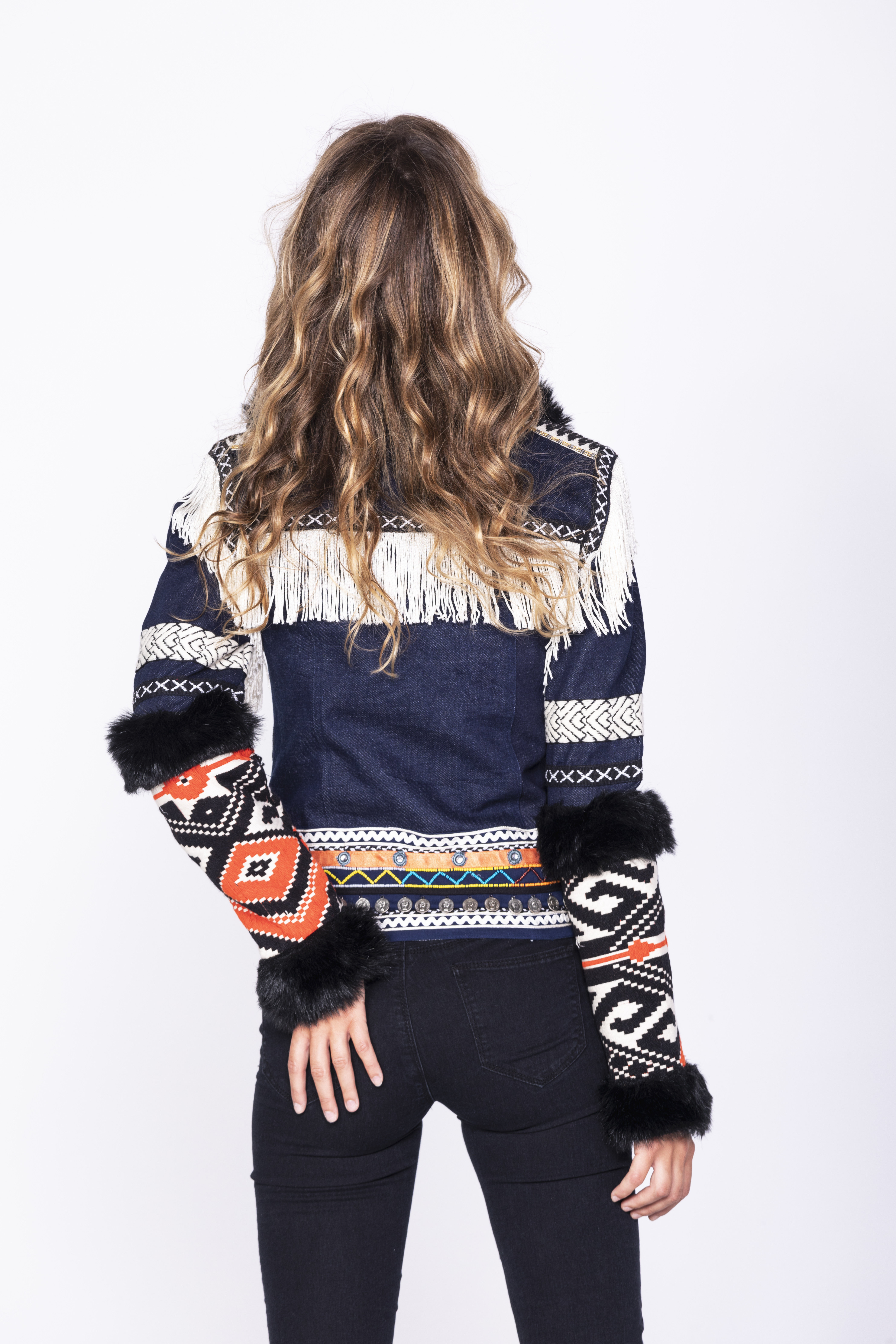 Savage Culture: Embroidered Faux Fur Denim Rhinestone Jacket Chenab