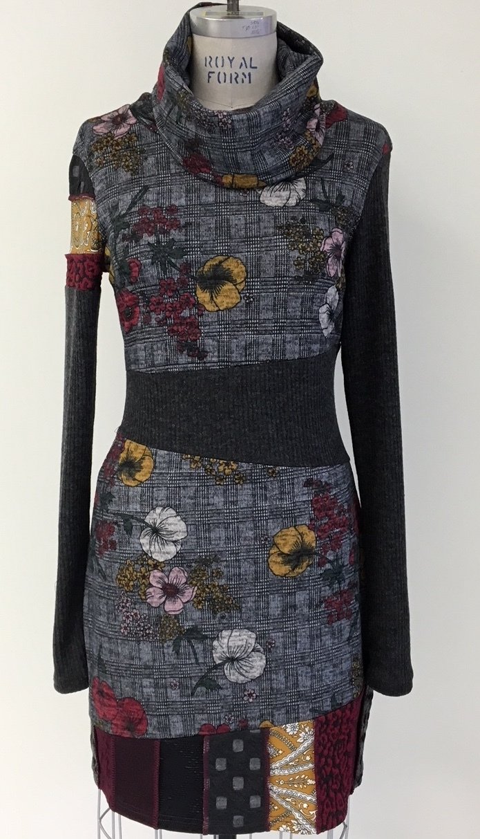 Myco Anna: Eco-Cotton Asymmetrical Patchwork Petunia Plaid Sweater Dress MA_VELASQUEZ_FLOWERS_N1