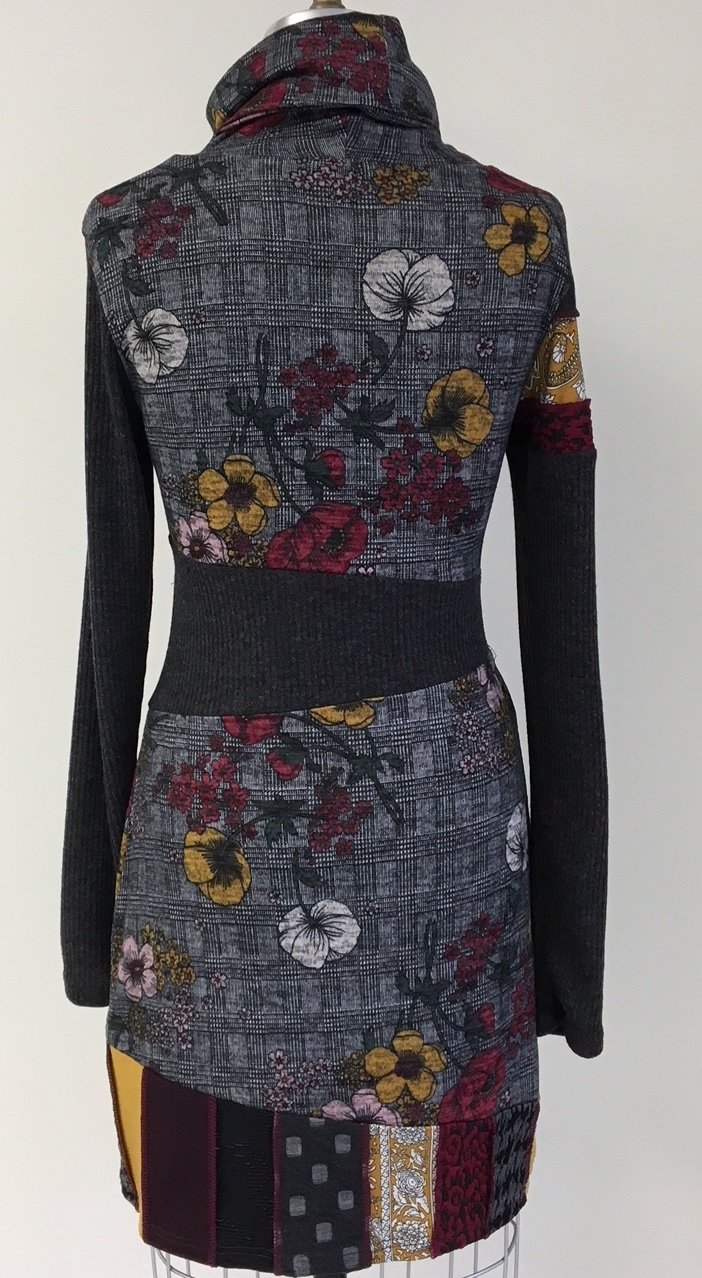 Myco Anna: Eco-Cotton Asymmetrical Patchwork Petunia Plaid Sweater Dress