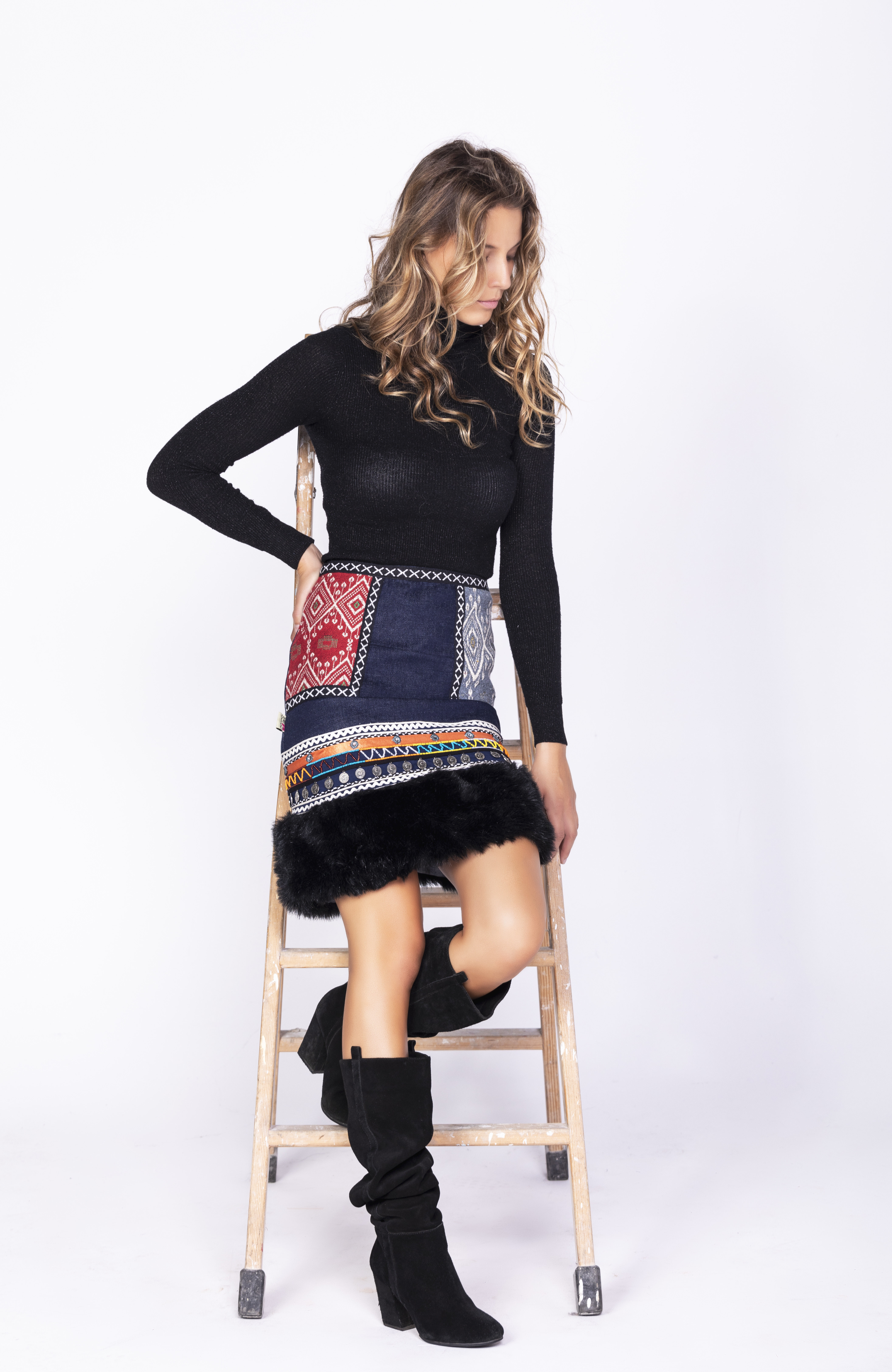 Savage Culture: Embroidered Faux Fur Denim Rhinestone Skirt Chenab SAVAGE_35593